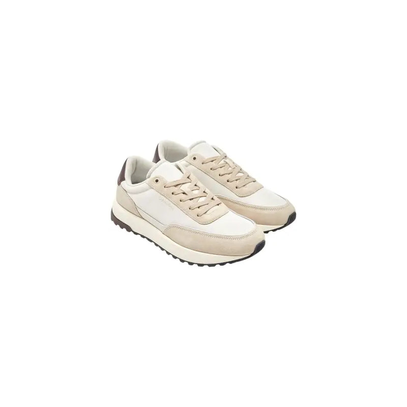 Baskets en cuir pour homme Calvin Klein en daim beige et blanc, au design athlétique classique, et chaussures à lacets marron.