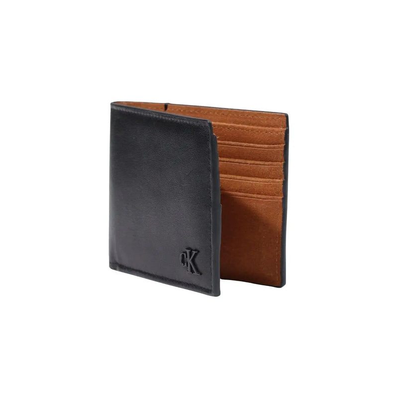 Calvin Klein men leather wallet black with tan interior and subtle ck logo embossed on the front 11x9.5 cm