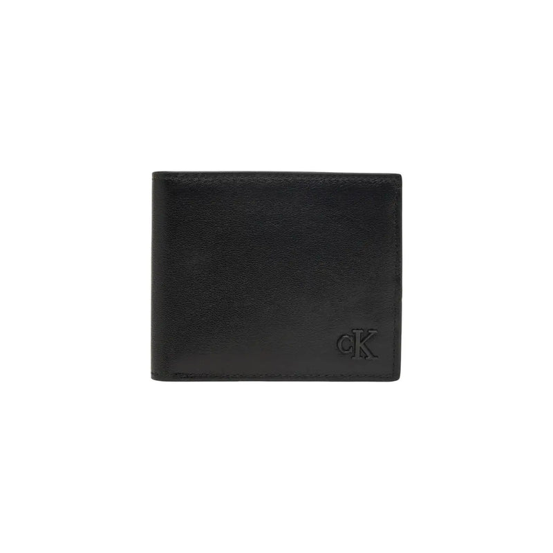 Calvin Klein men leather wallet in black with subtle textured finish and embossed ck logo on lower right corner