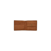 Calvin Klein men leather wallet black 11x9x2 cm with tan leather multiple card slots and gold-tone button pocket