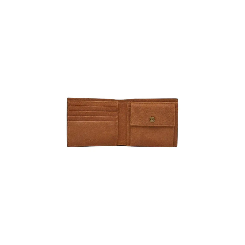 Calvin Klein men leather wallet black 11x9x2 cm with tan leather multiple card slots and gold-tone button pocket