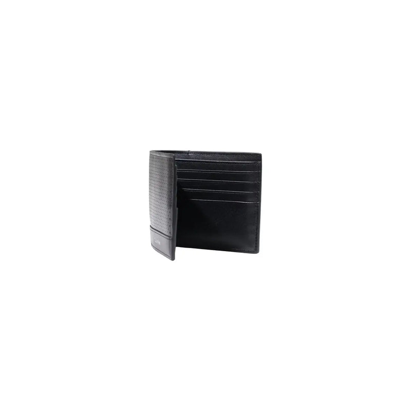 Calvin klein men leather wallet black with textured perforated exterior and smooth interior card slots for zip pocket use