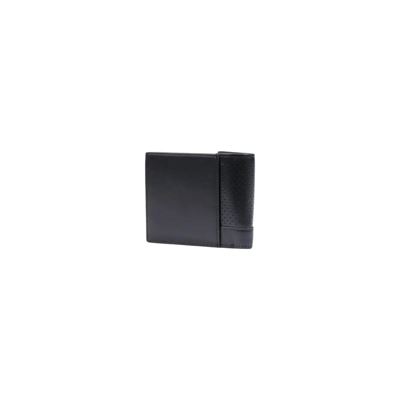 Calvin klein men leather wallet black with smooth panel and perforated texture on the side zipper pocket design