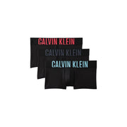 Lot de 3 boxers Calvin Klein pour homme, taille basse, en coton noir, ornés de bandes logo colorées et audacieuses en rouge, gris et bleu clair.