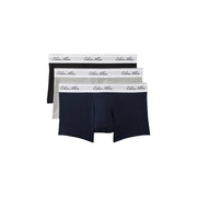 Calvin Klein Lot de 3 boxers homme taille basse en coton, coloris noir, gris et bleu marine, avec ceinture élastique et logo blanc.