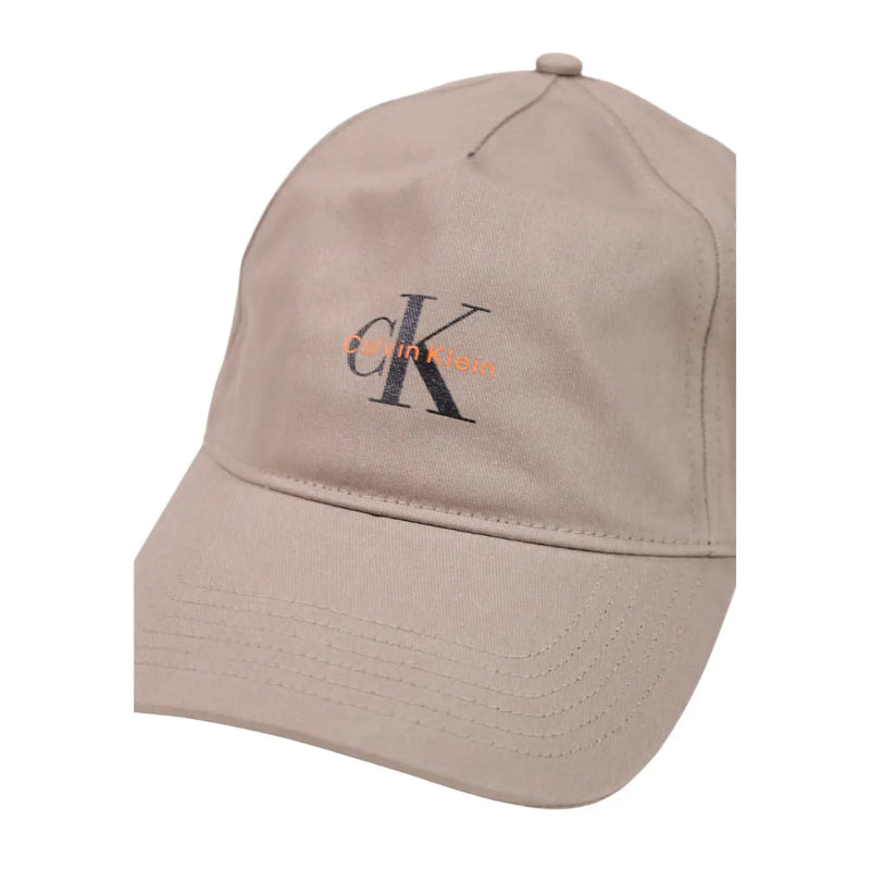 Calvin Klein Casquette de baseball homme en coton beige imprimé monologum avec logo CK brodé en noir et orange et nom de la marque