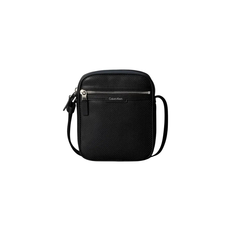 Calvin Klein Sac bandoulière homme en cuir texturé noir perforé avec fermeture éclair argentée, dimensions : L 6 x H 21 x P 6