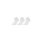 Three white Calvin Klein men ankle socks showing the back with a subtle logo on the heel for everyday wear