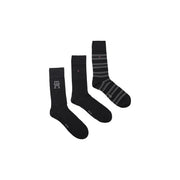 Set of three black cotton socks with striped pattern and Tommy Hilfiger logo for men