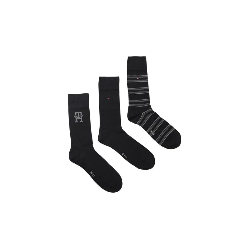 Set of three black cotton socks with striped pattern and Tommy Hilfiger logo for men