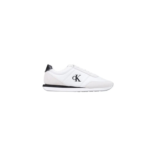 Calvin Klein men white textile lace up sneaker with black accents and logo for casual wear
