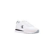 Calvin Klein Baskets montantes blanches en textile pour homme, à lacets, avec logo et détails noirs, vues de l'arrière.