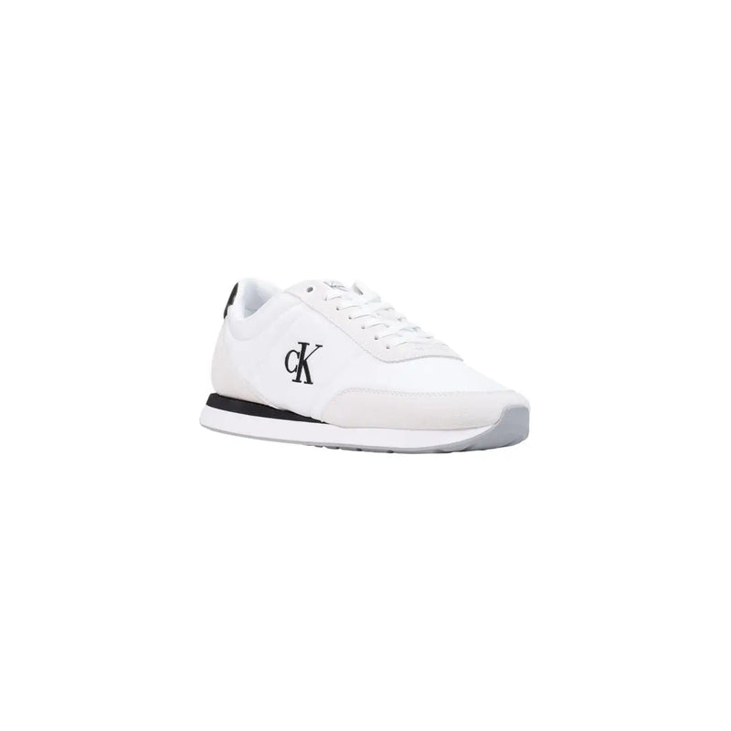 Calvin Klein Baskets montantes blanches en textile pour homme, à lacets, avec logo et détails noirs, vues de l'arrière.
