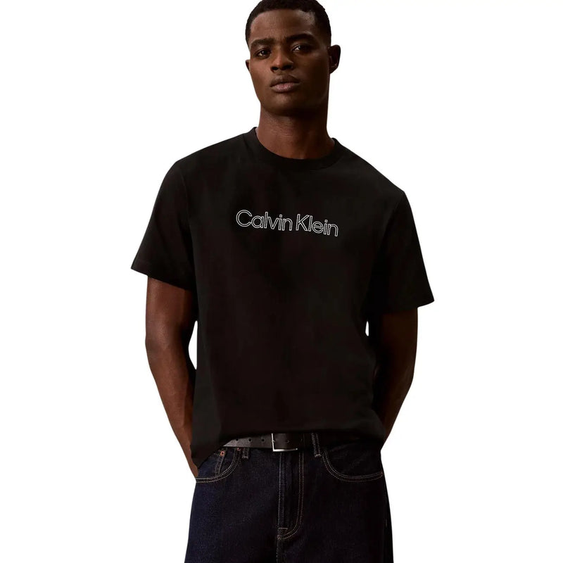 Calvin Klein T-shirt noir en coton pour homme, coupe classique, logo brodé blanc sur la poitrine