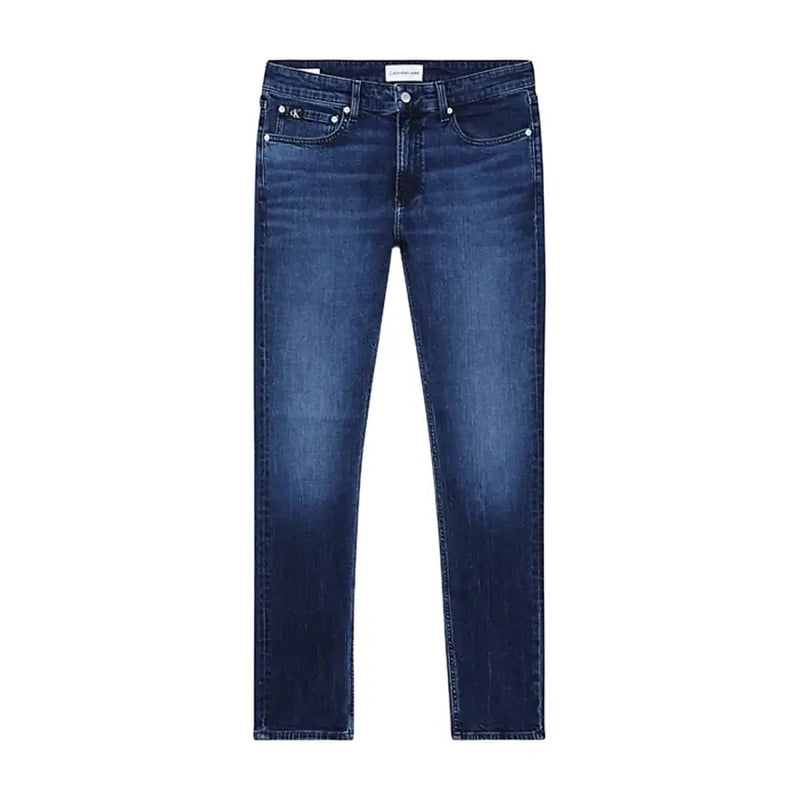 Calvin Klein men’s slim fit dark blue denim jeans with subtle fading and logo on waistband with pockets