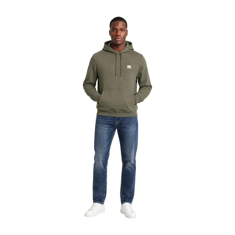 Calvin Klein mens olive green cotton hoodie sweatshirt with small white chest logo and matching drawstrings