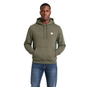 Calvin Klein mens green cotton hoodie sweatshirt with olive green fabric, small white logo patch, and matching drawstrings