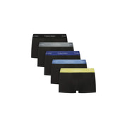 Set of five black Calvin Klein mens low rise trunk underwear with colorful elastic waistbands in gray blue and yellow