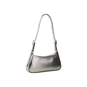A sleek silver polyurethane handbag by Calvin Klein with minimalist design and zip pocket for secure storage