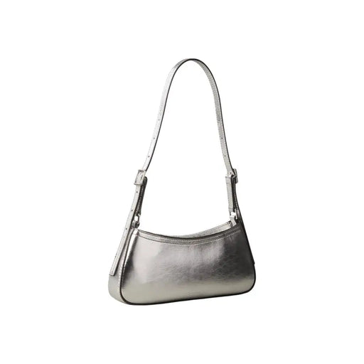 A sleek silver polyurethane handbag by Calvin Klein with minimalist design and zip pocket for secure storage