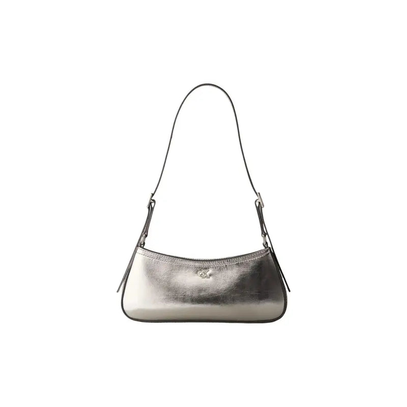 Calvin Klein silver polyurethane shoulder bag with sleek curved design and black leather strap with zip pocket