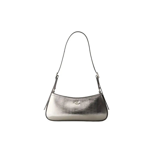 Calvin Klein silver polyurethane shoulder bag with sleek curved design and black leather strap with zip pocket
