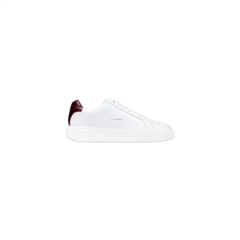 White leather slip-on sneaker with burgundy heel tab and sole detail, inspired by alexander mcqueen.