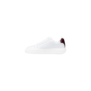 White leather sneaker with burgundy accent and logo on heel.