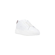 White leather sneaker with red and blue accents, tommy hilfiger logo.