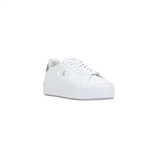 Calvin Klein white leather womens minimalist platform sneakers with silver logo