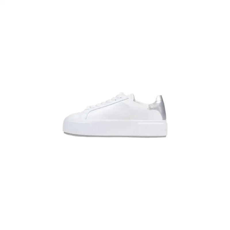 Calvin Klein Baskets compensées en cuir blanc pour femme avec languette argentée au talon