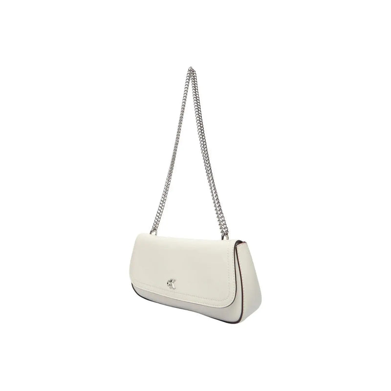Calvin Klein white leather crossbody bag with silver chain strap and small metallic logo for spring summer use
