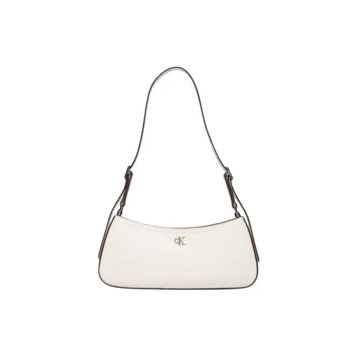 Cream-colored Calvin Klein shoulder bag with sleek minimalist design black-trimmed straps zip and inside pockets