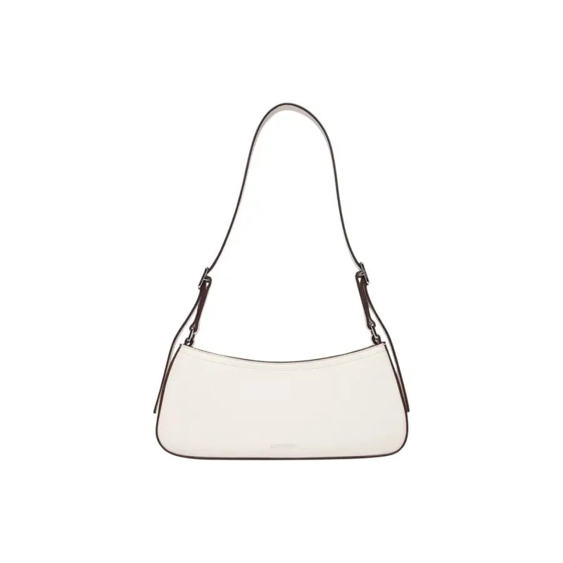 Calvin Klein white leather women’s shoulder bag with zip, inside pockets, and dark brown minimalist straps