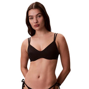 Black Calvin Klein women beachwear bralette with thin straps and smooth seamless design in light blue accents