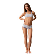Calvin klein women beachwear light gray underwear set with subtle purple trim and small pink logo on each piece