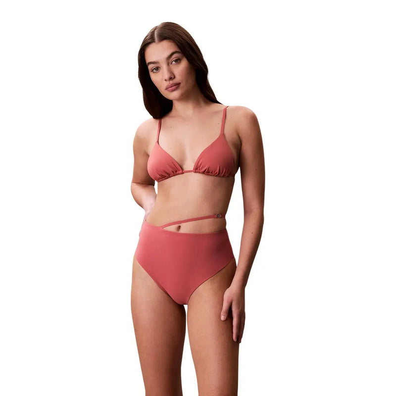 Calvin Klein women beachwear pink nylon bikini bottom with coral high-waisted ruched triangle top and side-cutout design