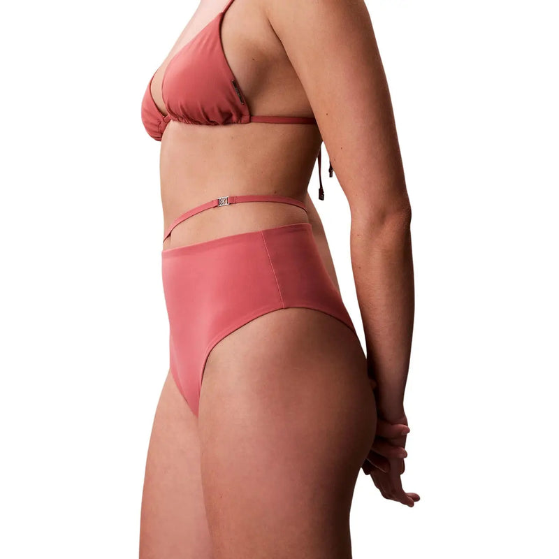 Calvin Klein women beachwear pink nylon bikini bottom in coral with high waist satin finish and metallic clasp at waistband