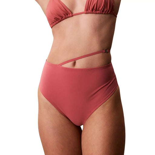 Calvin Klein bas de bikini taille haute en nylon rose couleur rouille pour femme, avec fronces top et sangle à découpe latérale