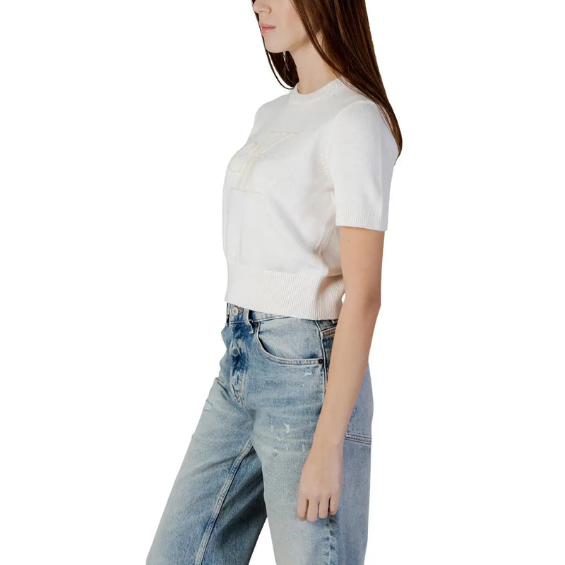 Pull en coton blanc à manches courtes top avec une texture subtile et un ourlet côtelé de Calvin Klein pull en maille de coton beige pour femme, col rond