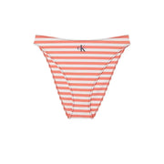 Calvin Klein women bikini bottom in orange and white striped nylon elastane with scalloped edge shown from the back