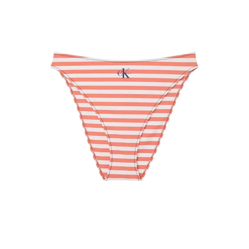 Calvin Klein women bikini bottom in orange and white striped nylon elastane with scalloped edge shown from the back
