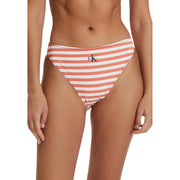 A coral and white striped Calvin Klein women bikini bottom made of nylon elastane with a classic logo on the front
