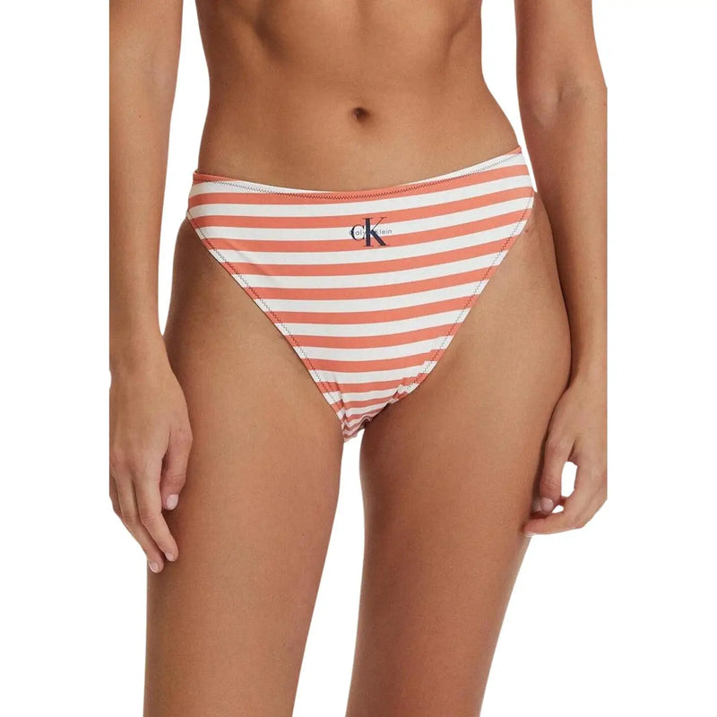 A coral and white striped Calvin Klein women bikini bottom made of nylon elastane with a classic logo on the front