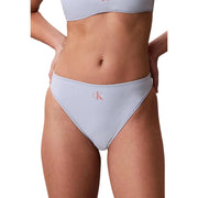 Light gray Calvin Klein women bikini bottom with subtle pink CK logo and stitched trim in nylon elastane
