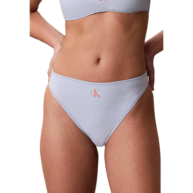 Light gray Calvin Klein women bikini bottom with subtle pink CK logo and stitched trim in nylon elastane