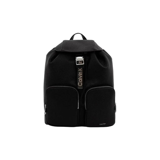 Calvin Klein Sac à dos noir pour femme en cuir polyuréthane texturé avec finitions argentées, 28 cm
