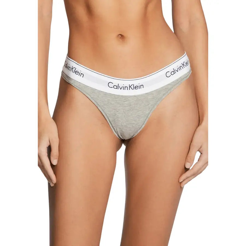 Gray heathered Calvin Klein thong with white logo waistband