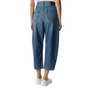 Calvin Klein Jean en denim bleu de coton pour femme, dos dévoilant le dos, taille haute, coupe large et passant de ceinture en cuir marron