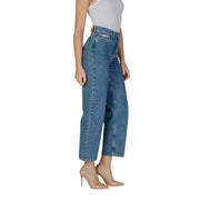 Calvin Klein Jean en coton bleu pour femme, taille haute, jambes larges, coutures classiques et étiquette de marque visible